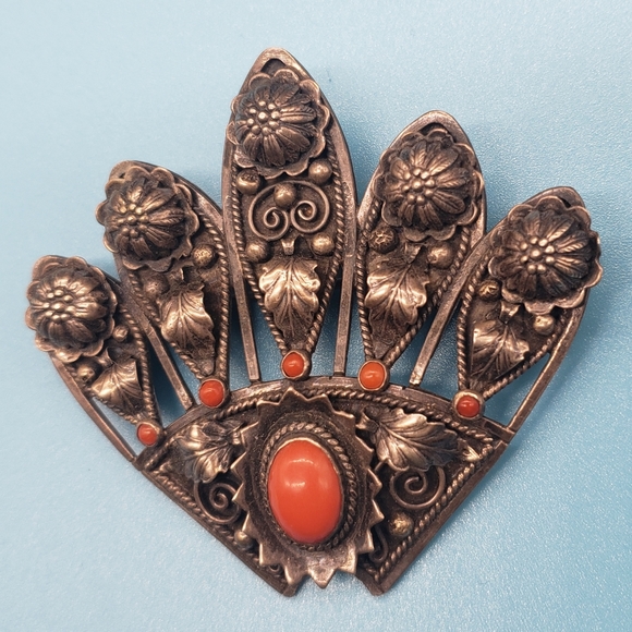 Antique 800 silver pin AFO coral brooch - Picture 4 of 4